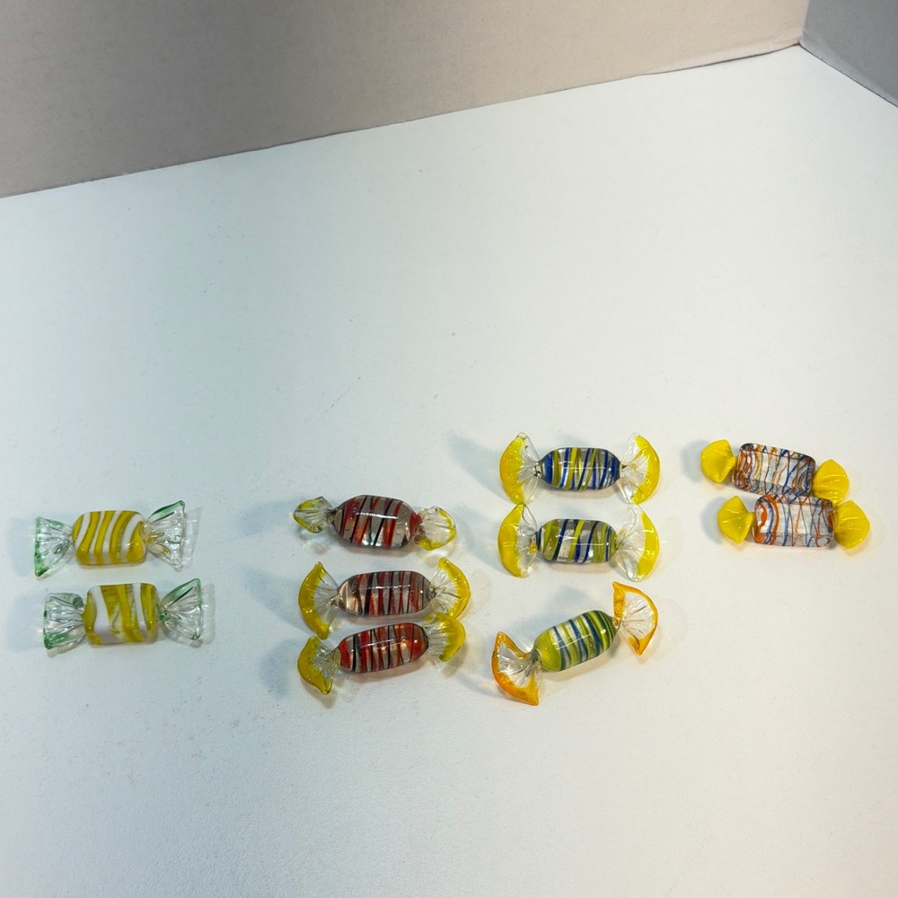 Art Glass Candy Set 10 Pieces Yellow Striped Hand Blown Decor Bowl Fillers VTG